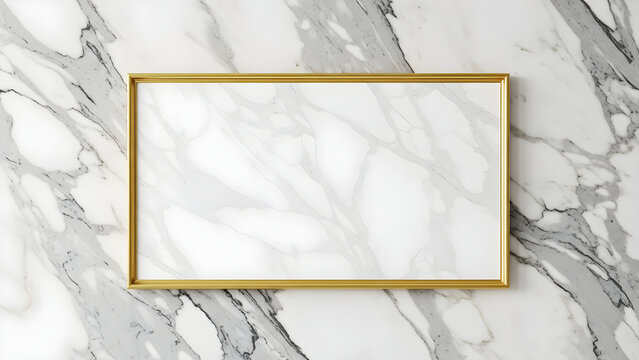 Elegant Empty Rectangular Golden Frame Placed Centered On A Luxurious White Marble Texture Wall Background For Modern Interior Design Display