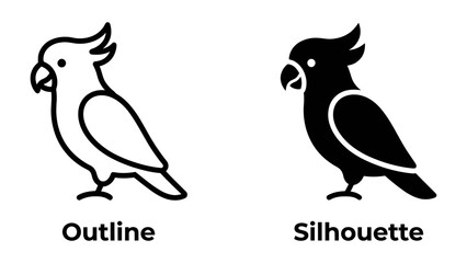 Fototapeta premium Cockatoo Icon: A minimalist outline and silhouette icon of a cockatoo, representing a tropical bird and available for various design applications.