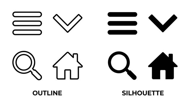 Navigation Icons: A set of common user interface icons including a menu icon, a dropdown arrow, a magnifying glass for search, and a house icon for home.