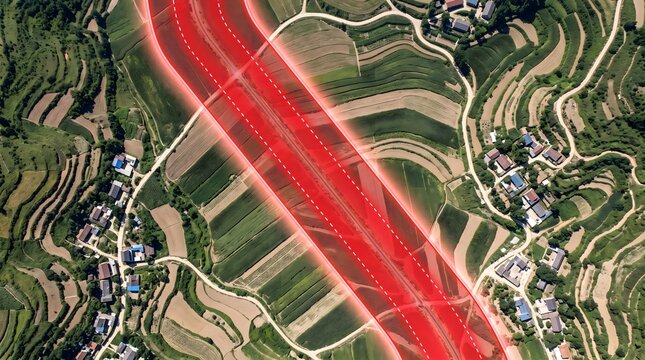 Geographic Information System GIS Data Analysis Displaying a Red Buffer Area over Agricultural Farmland
