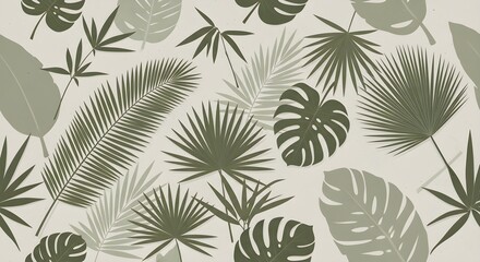 Fototapeta premium Tropical Botanical Leaves Seamless Pattern with Palm and Monstera Foliage – Elegant Green Nature Illustration for Wallpaper, Fabric, Textile, Packaging, Home Decor and Surface Design