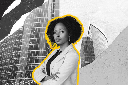 Confident Black Woman In Business Attire With Crossed Arms, Standing In Front Of Modern Office Buildings, Exuding Professionalism And Strength, Engaged In Business Environment. Business Concept.