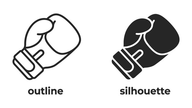 Boxing Glove Icon Set: A pair of boxing gloves depicted as an outline and a solid silhouette, representing combat sports and athletic training.