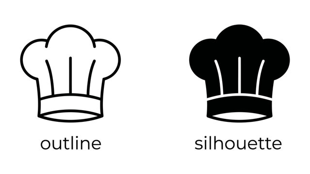 Chef Hat Icon: A simple and elegant chef hat is presented in both outline and silhouette styles, symbolizing culinary expertise and professional cooking.