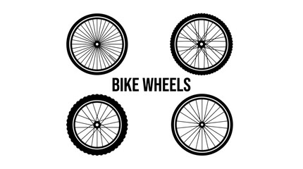 Fototapeta premium Four distinct bicycle wheels featuring unique spoke patterns and rugged tire designs on white background surface