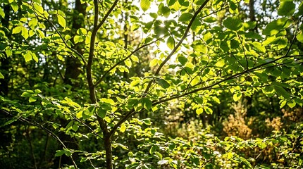 Fototapeta premium Bright sunlight shines through the fresh green leaves of trees