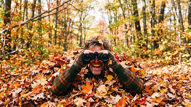 Camouflaged man hiding in autumn leaves with binoculars, playful hunter in fall forest, outdoor surveillance concept