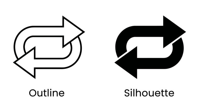 Circular Arrows Icon: Two stylized circular arrows, one outlined and one solid black silhouette, representing repeat or refresh action.