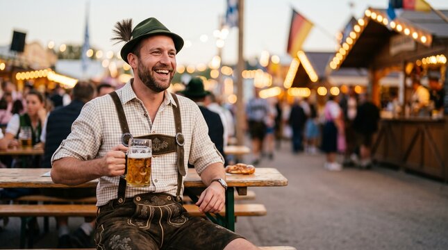Man in Lederhosen enjoys a beer and pretzel at a lively Oktoberfest celebration with festive lights and crowds