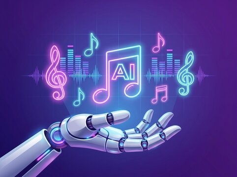 Robotic Hand Holding Glowing Neon Music Notes and AI Symbol with Digital Sound Waves on Purple Background