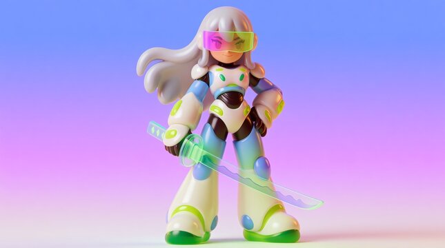 A stylized 3D illustration of a white-haired anime girl character wearing a futuristic white, blue, and green armored suit and a visor, holding a bright glowing translucent sword.