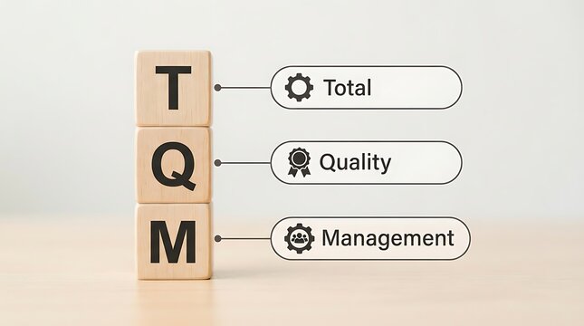 TQM wooden blocks concept for total quality management in business optimization and efficiency