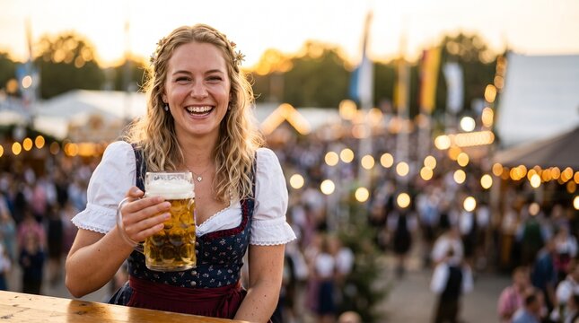 Joyful woman in traditional Bavarian dress holding a large beer stein at a lively festival with bokeh lights