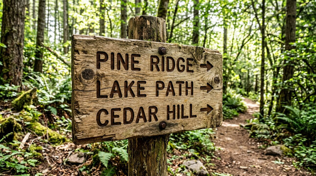 Rustic wooden trail sign in forest pointing to Pine Ridge, Lake Path, Cedar Hill