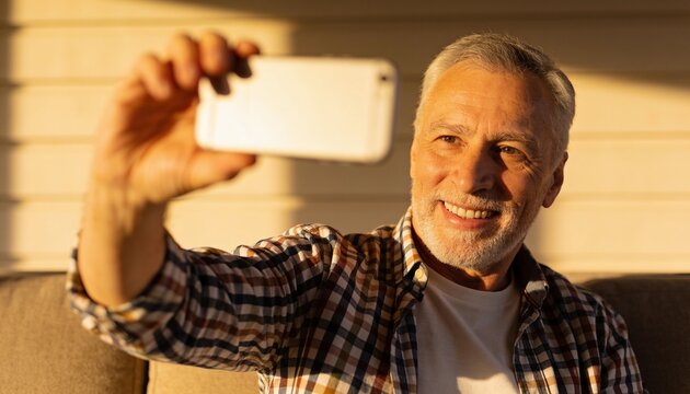 Smiling senior man holding smartphone and taking selfie on sunlit porch sofa with checkered shirt