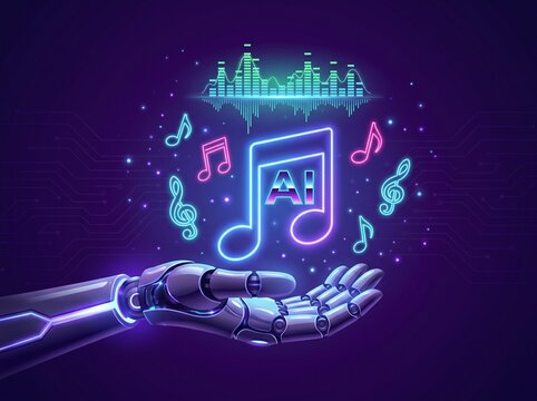 Robotic Hand Holding Neon Musical Notes and Digital Sound Wave Equalizer, Artificial Intelligence Music Generation Concept