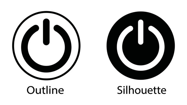 Power Symbol: A visual representation of the universal power symbol, presented in both outline and silhouette forms, signifying on or off, start or stop, energy control, and technological interface.