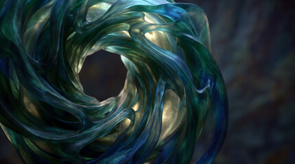 Obraz premium Abstract swirling vortex of translucent teal and blue ribbons surrounding a glowing golden sphere