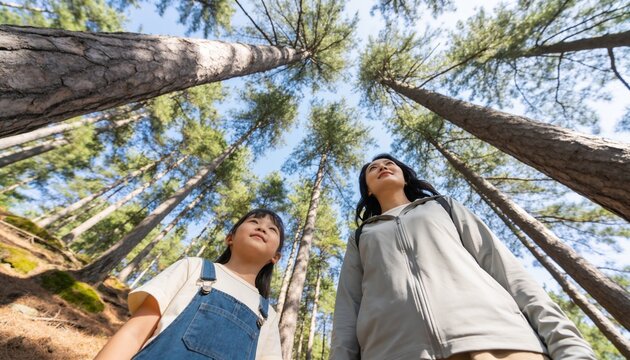 Standing mom-daughter gazing up in pine trees wearing overalls and gray jacket with backpack straps