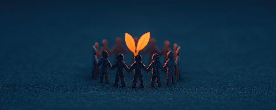 Paper cutout people holding hands in circle around glowing orange seedling representing global sustainability and environmental community action