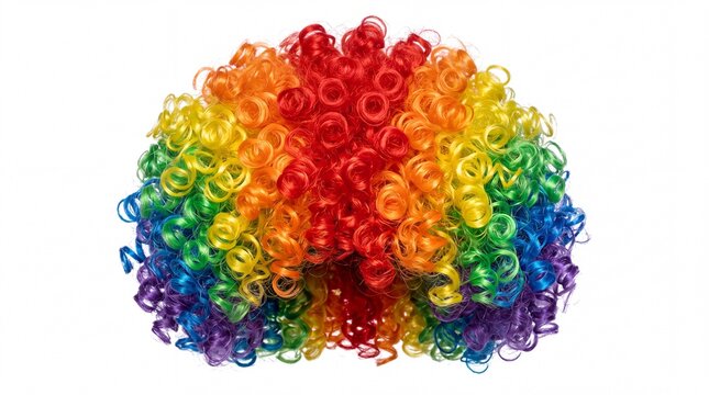 Vibrant rainbow colored clown wig featuring bouncy synthetic curls with a soft texture isolated as a studio shot on white background