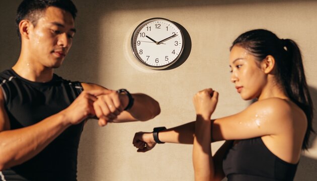 Checking man left, woman right wearing black tops, checking wrist trackers at fitness studio, clock