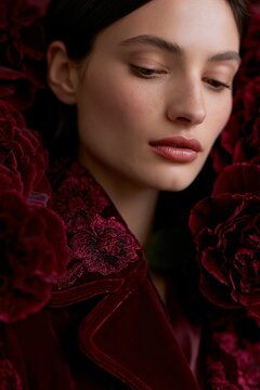 Fashion editorial portrait of a woman with long dark hair surrounded by large burgundy flowers, wearing a luxurious velvet coat with floral embroidery details