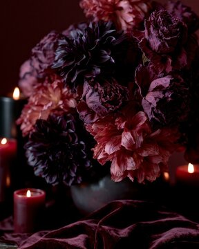 Moody autumn still life featuring a large arrangement of deep purple and pink flowers with candles and rich fabric in a dark setting
