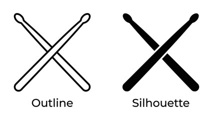 Drumsticks Outline and Silhouette: A simple graphic featuring two crossed drumsticks in both outline and silhouette form, representing music and rhythm. © Mohammad