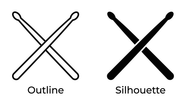 Drumsticks Outline and Silhouette: A simple graphic featuring two crossed drumsticks in both outline and silhouette form, representing music and rhythm.