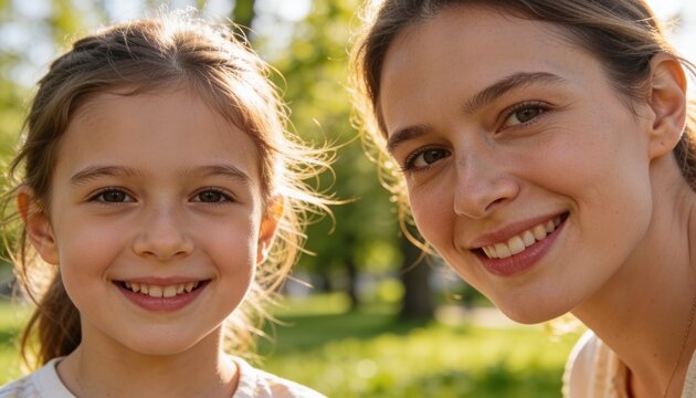 Smiling mother and daughter sharing sunlit moment in park, with necklace, hair ties, light tops