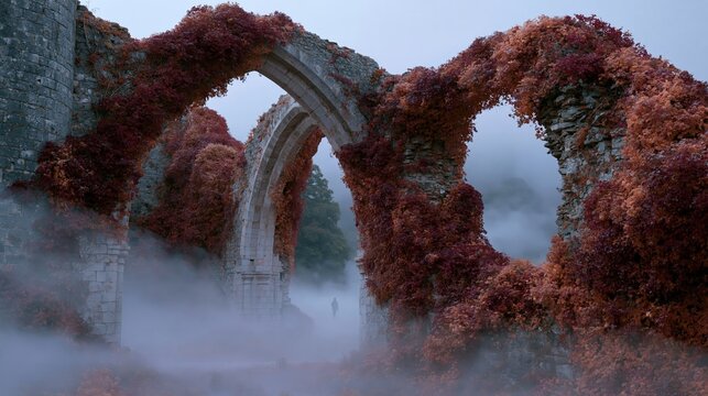 Ancient stone ruins surrounded by vibrant autumn foliage and mist, featuring archways and a mysterious figure in the background, creating an enchanting landscape