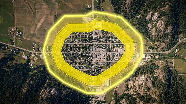 Aerial Satellite Map Illustrating GIS, Buffer Zone Concept and Spatial Urban Planning Analysis