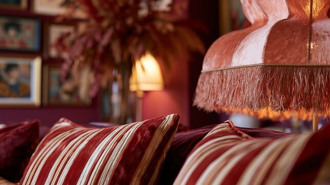 Maximalist autumn living room interior featuring plush striped cushions, decorative lamp, and vibrant floral arrangements against a rich burgundy backdrop