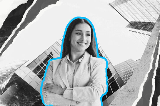 Smiling Young Asian Woman In Business Suit Standing Confidently With Arms Crossed At Office Setting, Modern Building In The Background, Exuding Professionalism And Success. Business Concept.