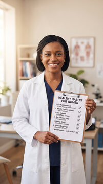 Female black Doctor showing checklist of healthy habits for women, Pink October, Breast Cancer Prevention Campaign