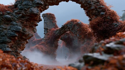 Fototapeta premium Ancient stone ruins covered in autumn foliage with mist surrounding the arches, creating a mystical atmosphere in a natural landscape