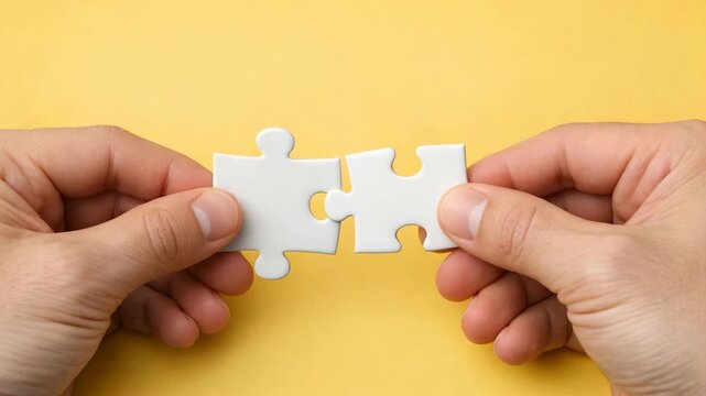 Two hands hold matching puzzle pieces against a yellow background. Pieces fit together, suggesting connection or completion. Simple, clean design ideal for concepts of teamwork or unity
