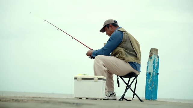 Happy senior man fishing by the sea during retirement. Active aging, outdoor leisure healthy longevity. Independence, retirement lifestyle, life insurance. Financial security for a fulfilling future.
