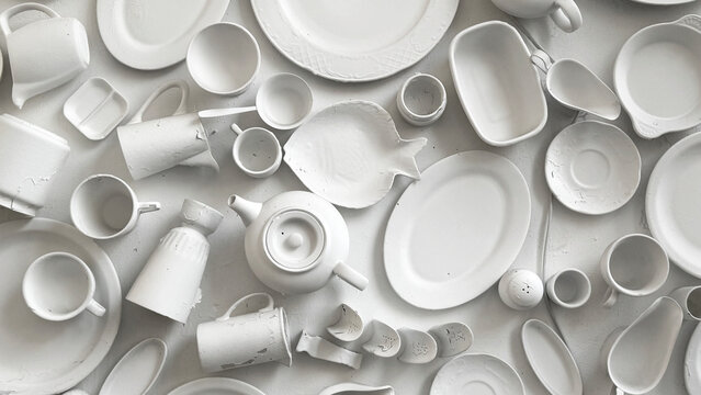 Variety of white ceramic plates and bowls with different shapes hanging on a white wall creating a decorative display