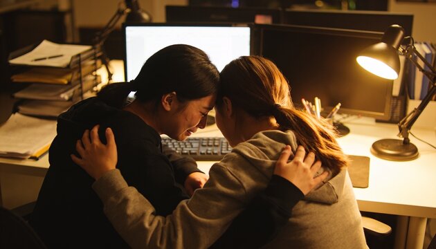 Leaning heads together, 2 Asian women consoling at cluttered desk with monitors, lit lamp, hoodies