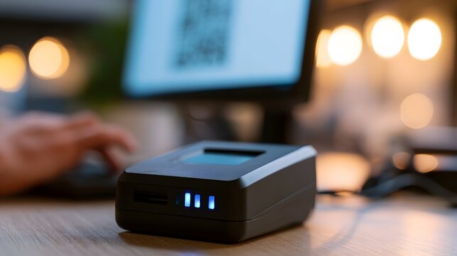A compact black QR code scanner sits on a wooden desk with glowing blue status lights and a blurred computer screen behind