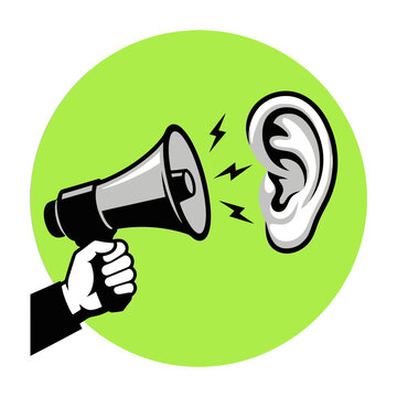 Megaphone speaking to ear communication concept