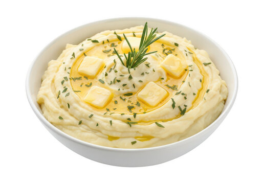 Creamy mashed potatoes in bowl isolated on transparent background