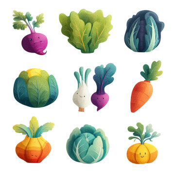 Colorful cartoon vegetables with faces set on transparent background for food blogging or health content