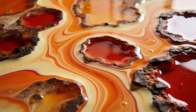 Displaying banded agate slices on glossy studio table, showing red resin pools and crystalline rims
