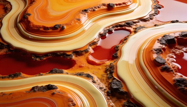 Showing banded agate slices revealing cream-red layers on tabletop macro with glossy reflections