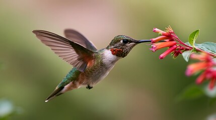 Naklejka premium A hummingbird hovers near bright red tubular flowers wings blurred by rapid motion against a soft green background