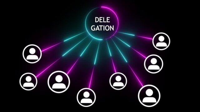 Delegation idea Supervisors delegate work rights to other people on the team. on the black background. delegate, skill, business, concept.