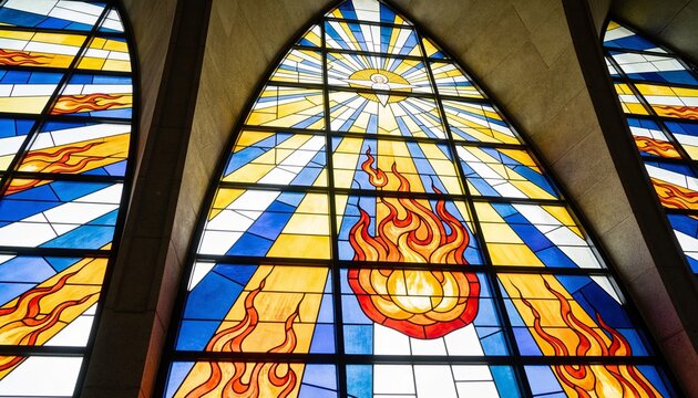 Glowing arched stained-glass window showing flame, sunburst and dove in chapel, with lead cames